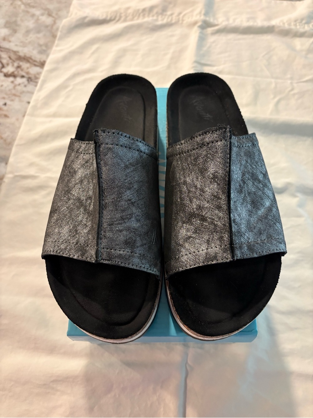 Avanti metallic gray slide sandals